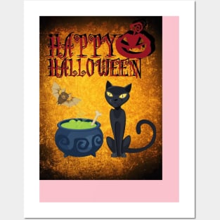 Happy Halloween Black Cat & Bat Posters and Art